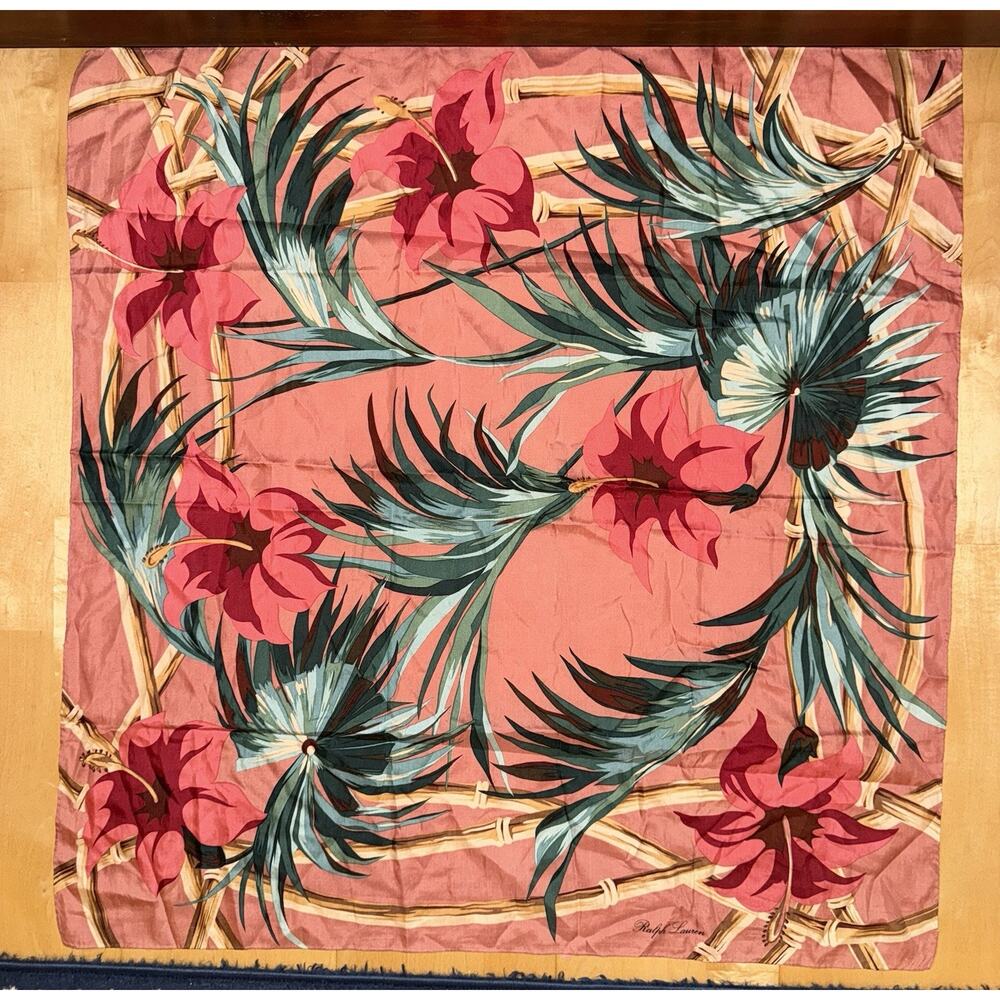 VTG Ralph Lauren Pink Tropical Flower Silk Scarf 30” Square
